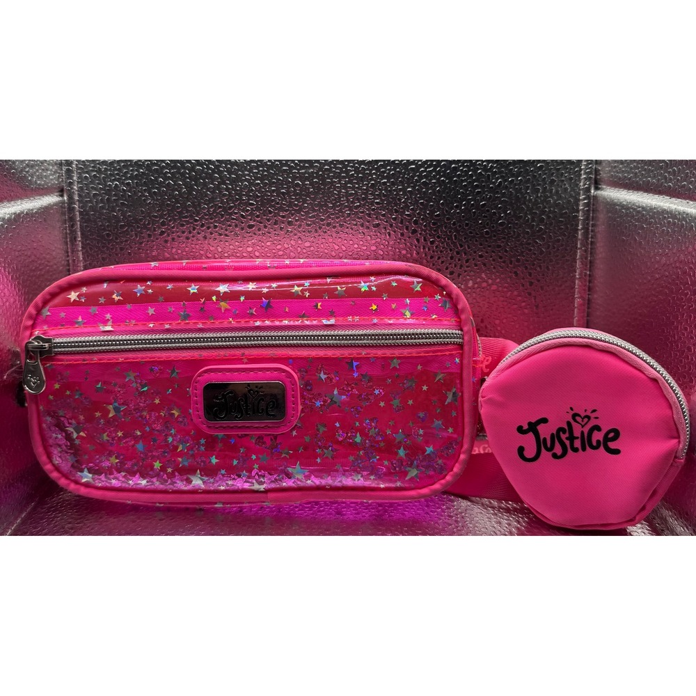 Justice Girls Pink Glitter Star Fanny Pack‎ Waist Bag with Coin Purse Set